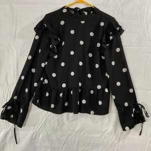 True Destiny Blouse Womens Large Black Polka Dot Ruffle Bell Sleeve Peplum‎ Top